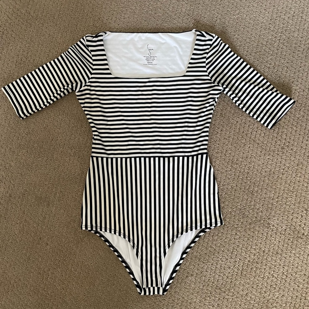 Seea Zuma  Black and White Striped Square Neck One-Piece